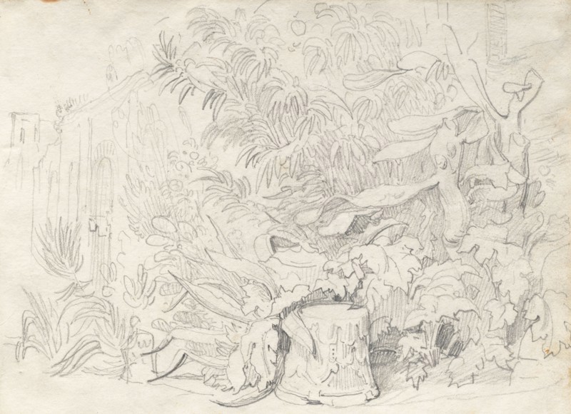 Album with Views of Rome and Surroundings, Landscape Studies, page 24a: "In Villa Walkonsky". Franz Johann Heinrich Nadorp (German, 1794-1876). Graphite on white paper laid down blue paper