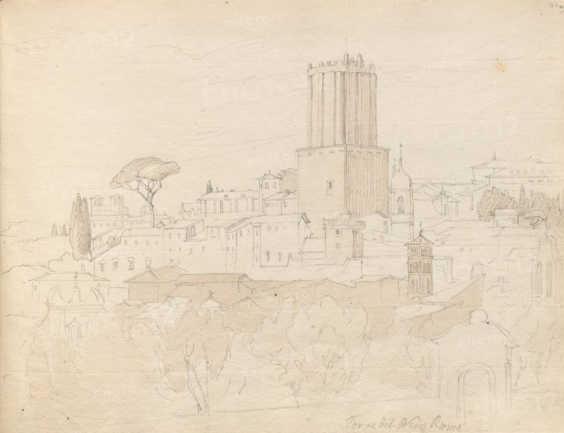 Album with Views of Rome and Surroundings, Landscape Studies, page 47a: " Torre del Nero, Rome". Franz Johann Heinrich Nadorp (German, 1794-1876). Graphite and brown wash;