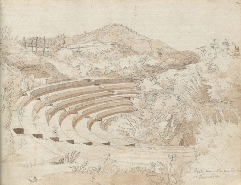 Album with Views of Rome and Surroundings, Landscape Studies, page 25a: Amphitheater, Tusculum. Franz Johann Heinrich Nadorp (German, 1794-1876). Graphite with brown wash;