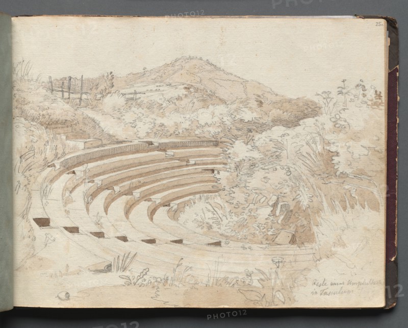 Album with Views of Rome and Surroundings, Landscape Studies, page 25a: Amphitheater, Tusculum. Franz Johann Heinrich Nadorp (German, 1794-1876). Graphite with brown wash;