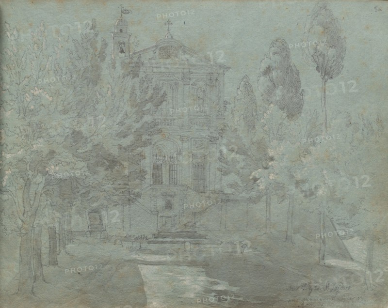 Album with Views of Rome and Surroundings, Landscape Studies, page 05a: "Saint Isidoro". Franz Johann Heinrich Nadorp (German, 1794-1876). Graphite and gray wash with white highlighting  on blue paper;