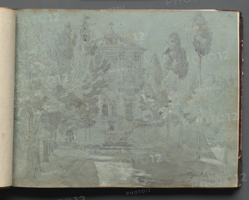 Album with Views of Rome and Surroundings, Landscape Studies, page 05a: "Saint Isidoro". Franz Johann Heinrich Nadorp (German, 1794-1876). Graphite and gray wash with white highlighting  on blue paper;