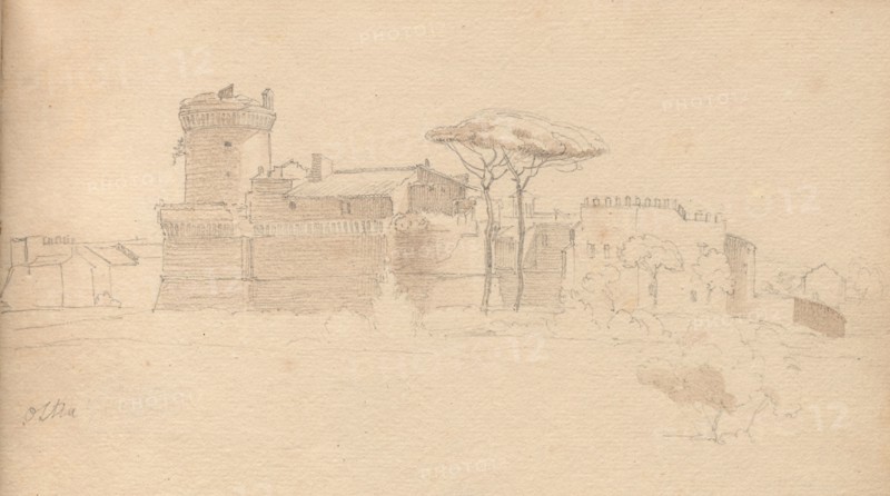 Album with Views of Rome and Surroundings, Landscape Studies, page 28a: "Ostia" . Franz Johann Heinrich Nadorp (German, 1794-1876). Graphite with brown wash
