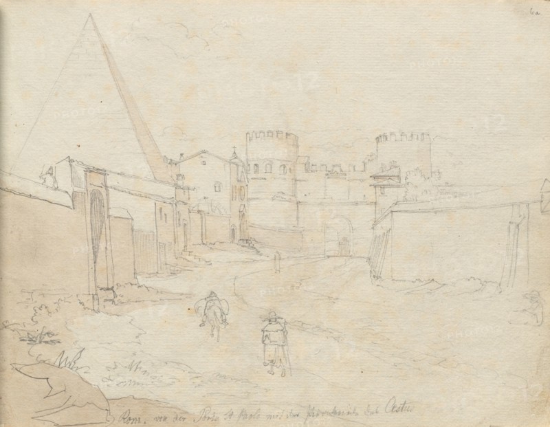 Album with Views of Rome and Surroundings, Landscape Studies, page 06a: "Rome von der Porta St. Paolo". Franz Johann Heinrich Nadorp (German, 1794-1876). Graphite with brown wash;