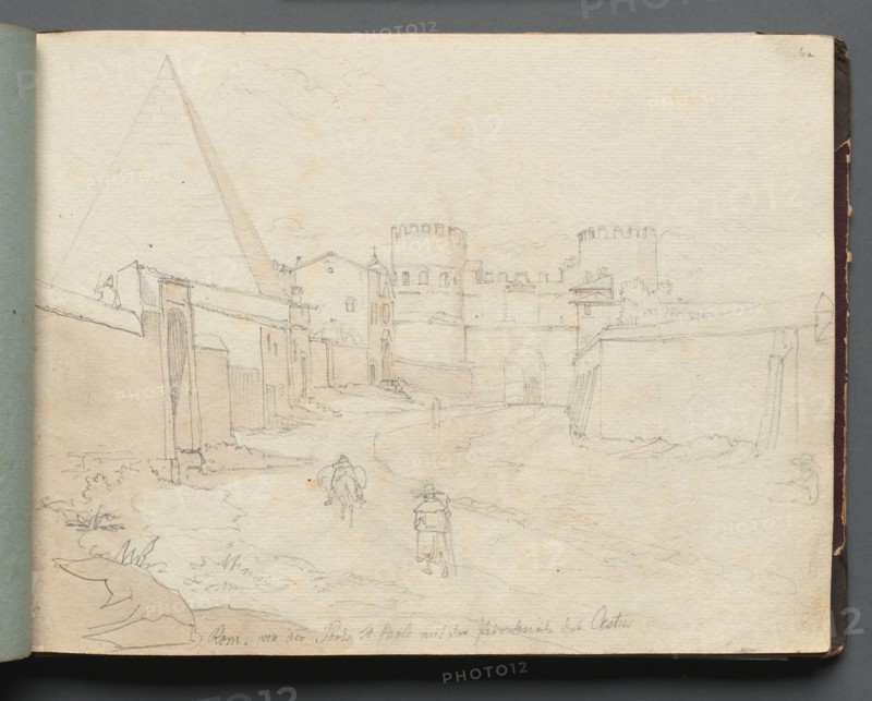 Album with Views of Rome and Surroundings, Landscape Studies, page 06a: "Rome von der Porta St. Paolo". Franz Johann Heinrich Nadorp (German, 1794-1876). Graphite with brown wash;