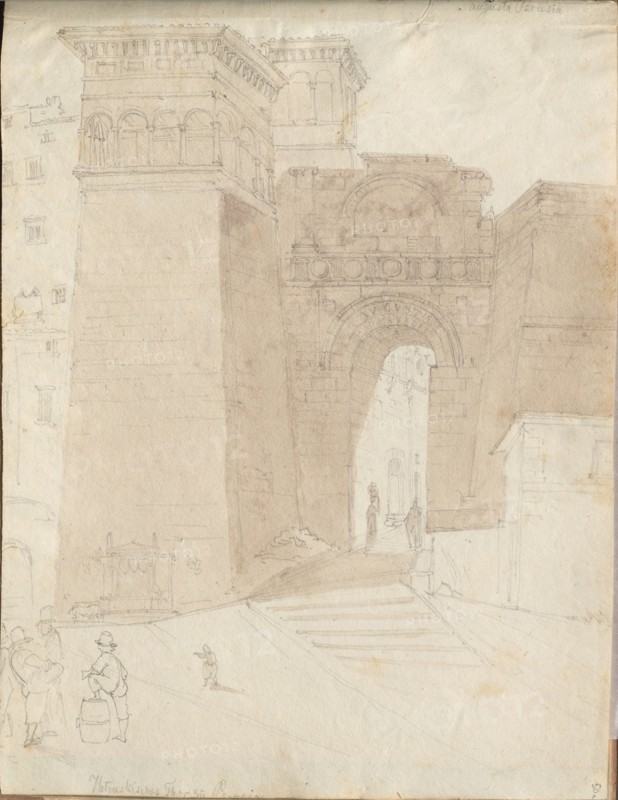 Album with Views of Rome and Surroundings, Landscape Studies, page 50a: Roman Architectural View. Franz Johann Heinrich Nadorp (German, 1794-1876). Graphite with brown wash