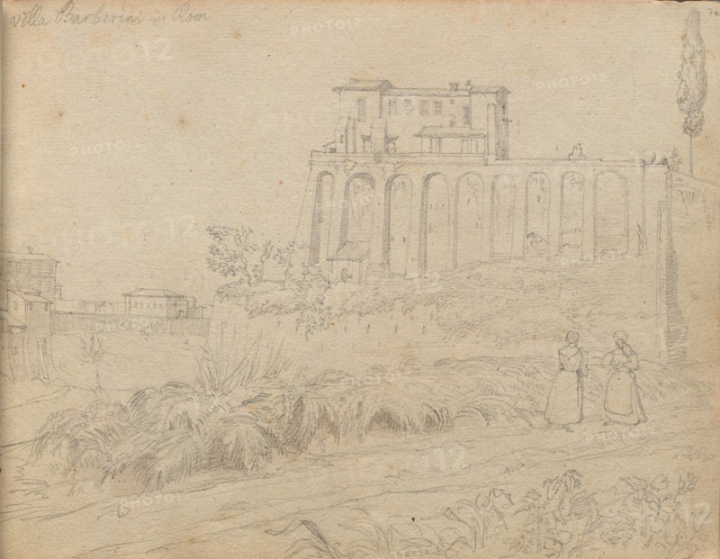 Album with Views of Rome and Surroundings, Landscape Studies, page 07a: "Villla Barberini in Rome". Franz Johann Heinrich Nadorp (German, 1794-1876). Graphite with brown wash