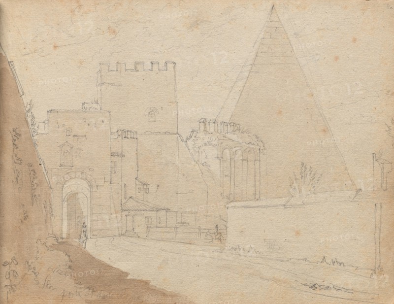 Album with Views of Rome and Surroundings, Landscape Studies, page 08a: "Porta St. Paolo". Franz Johann Heinrich Nadorp (German, 1794-1876). Graphite with brown wash;