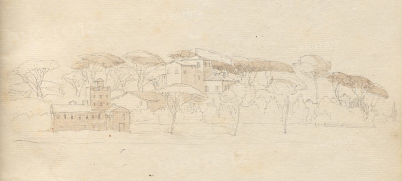 Album with Views of Rome and Surroundings, Landscape Studies, page 30a: Roman Panoramic View. Franz Johann Heinrich Nadorp (German, 1794-1876). Graphite with brown wash;