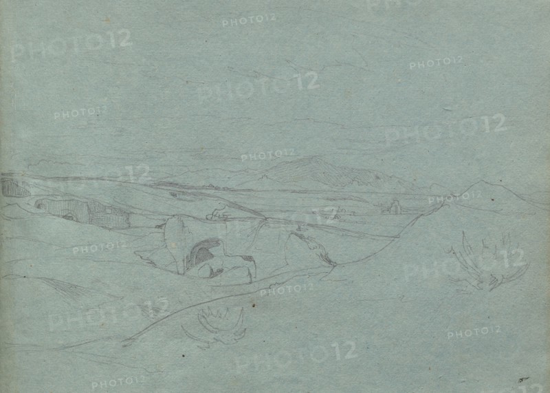 Album with Views of Rome and Surroundings, Landscape Studies, page 52a: Roman Landscape. Franz Johann Heinrich Nadorp (German, 1794-1876). Graphite on blue paper