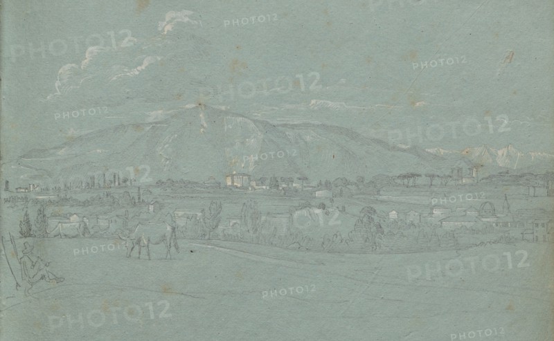 Album with Views of Rome and Surroundings, Landscape Studies, page 10a: Roman Landscape. Franz Johann Heinrich Nadorp (German, 1794-1876). Graphite with white hightening on blue paper