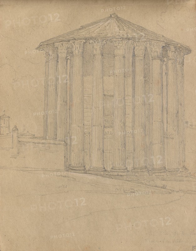 Album with Views of Rome and Surroundings, Landscape Studies, page 32a: Roman Temple. Franz Johann Heinrich Nadorp (German, 1794-1876). Graphite on brown paper;