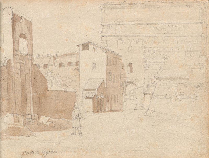 Album with Views of Rome and Surroundings, Landscape Studies, page 11a: "Porta Maggiore". Franz Johann Heinrich Nadorp (German, 1794-1876). Graphite with brown wash