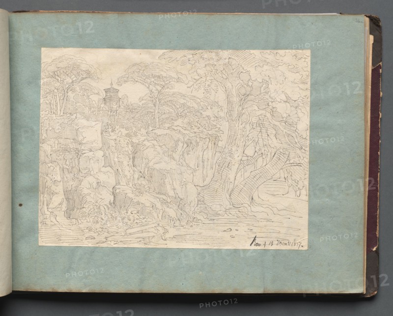 Album with Views of Rome and Surroundings, Landscape Studies, page 36a: Roman View. Franz Johann Heinrich Nadorp (German, 1794-1876). Pen and ink with graphite on white paper laid down on blue paper;