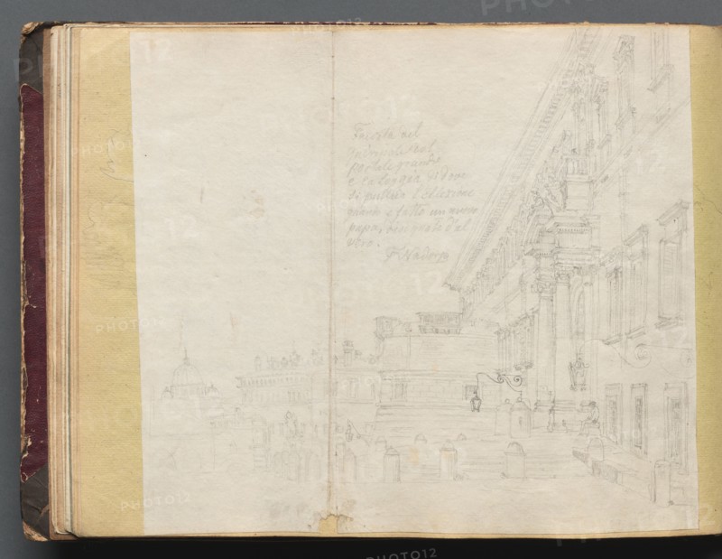 Album with Views of Rome and Surroundings, Landscape Studies, page 15b: Roman Architectural View. Franz Johann Heinrich Nadorp (German, 1794-1876). Graphite on white paper laid down on yellow paper;