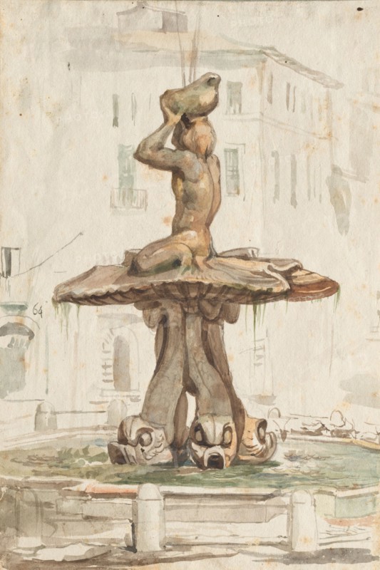 Album with Views of Rome and Surroundings, Landscape Studies, page 17a: Roman Fountian. Franz Johann Heinrich Nadorp (German, 1794-1876). Watercolor on white paper laid down on blue paper