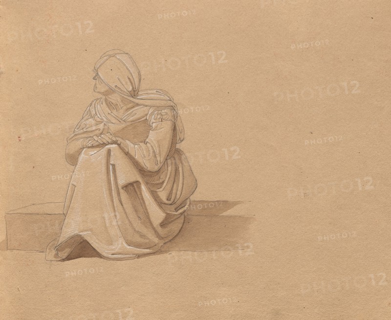 Album with Views of Rome and Surroundings, Landscape Studies, page 19a: Seated Female Figure. Franz Johann Heinrich Nadorp (German, 1794-1876). Graphite and brown wash with white heightening on brown paper