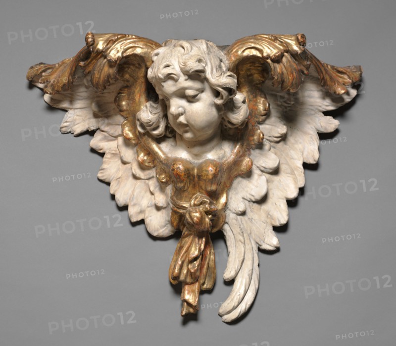 Head of an Angel, c. 1750. Joseph Anton Feuchtmayer (German, 1696-1770). Painted and gilded wood; overall: 48.1 x 64.3 x 23.6 cm (18 15/16 x 25 5/16 x 9 5/16 in.).