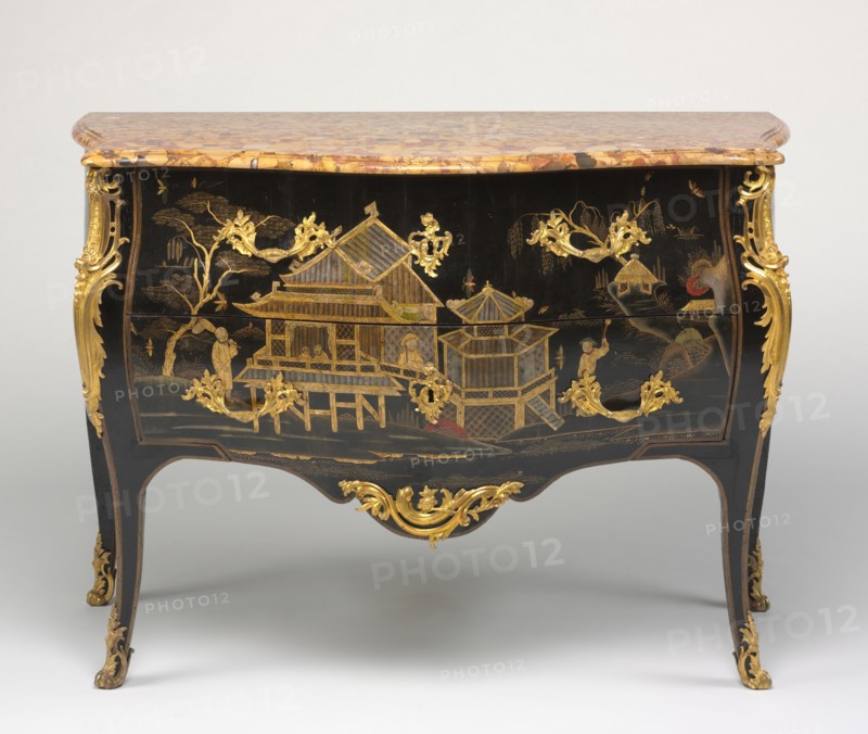 Chest of Drawers (Commode), c. 1750- 1765. Probably by Adrien Faizelot Delorme (French). Oak, black lacquer with raised chinoiserie decoration, gilt metal mounts, marble top; overall: 89.6 x 128.3 x 81.9 cm (35 1/4 x 50 1/2 x 32 1/4 in.).