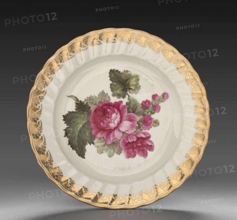 Plate from Dessert Service: Hollyhock, c. 1800. Derby (Crown Derby Period) (British). Porcelain; diameter: 23.5 cm (9 1/4 in.); overall: 3.2 cm (1 1/4 in.).