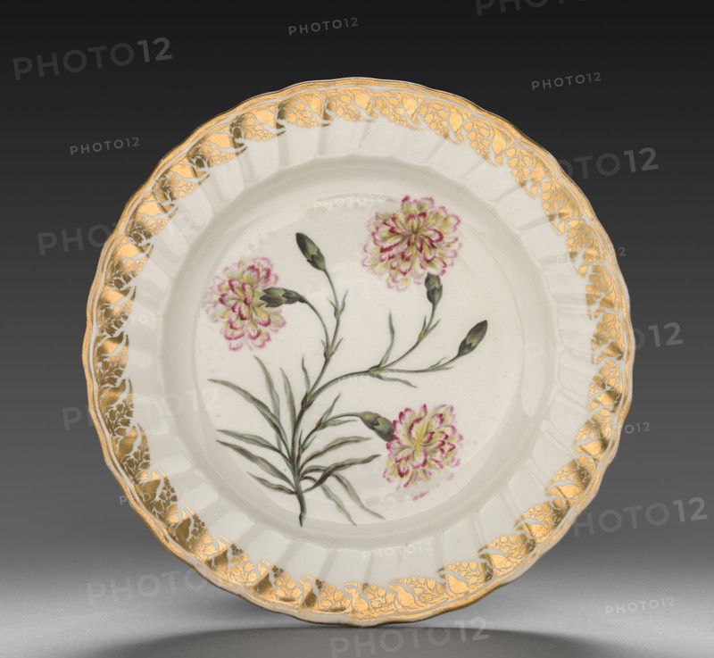 Plate from Dessert Service: Picatee Carnation, c. 1800. Derby (Crown Derby Period) (British). Porcelain; diameter: 23.7 cm (9 5/16 in.); overall: 3.2 cm (1 1/4 in.).