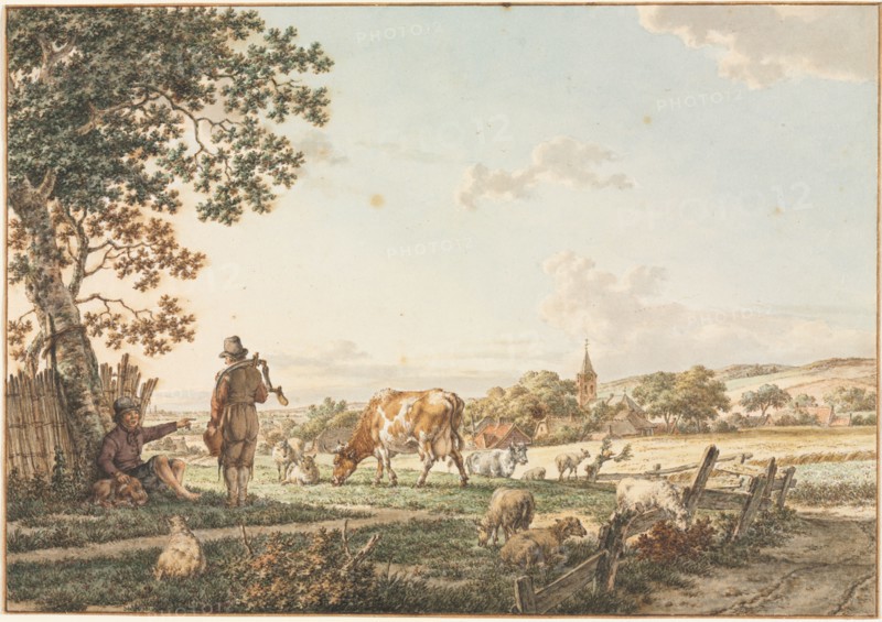 Pastoral Landscape with Village, 1799. Jacob Cats (Dutch, 1741-1799). Watercolor, point of brush and watercolor, and pen and brown ink over black chalk; framing lines in brown ink; sheet: 18.1 x 25.7 cm (7 1/8 x 10 1/8 in.); secondary support: 18.1 x 25.7 cm (7 1/8 x 10 1/8 in.).