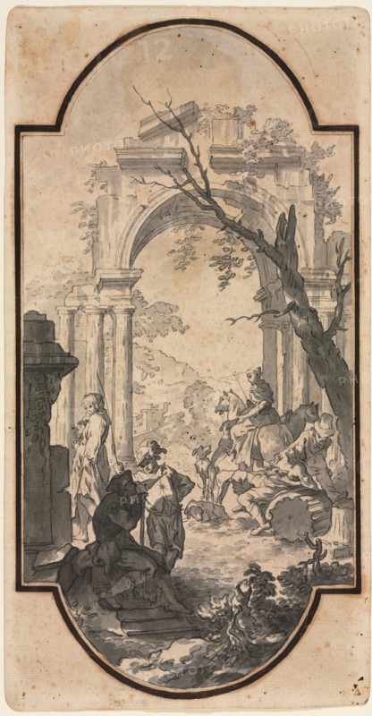 Triumphal Arch and Figures, first half 1700s. Andrea Locatelli (Italian, 1695-1741). Brush and gray and black wash, over black chalk; framing lines in black chalk, and brown ink (iron gall); sheet: 32.4 x 16.9 cm (12 3/4 x 6 5/8 in.); image: 30.4 x 15.2 cm (11 15/16 x 6 in.).