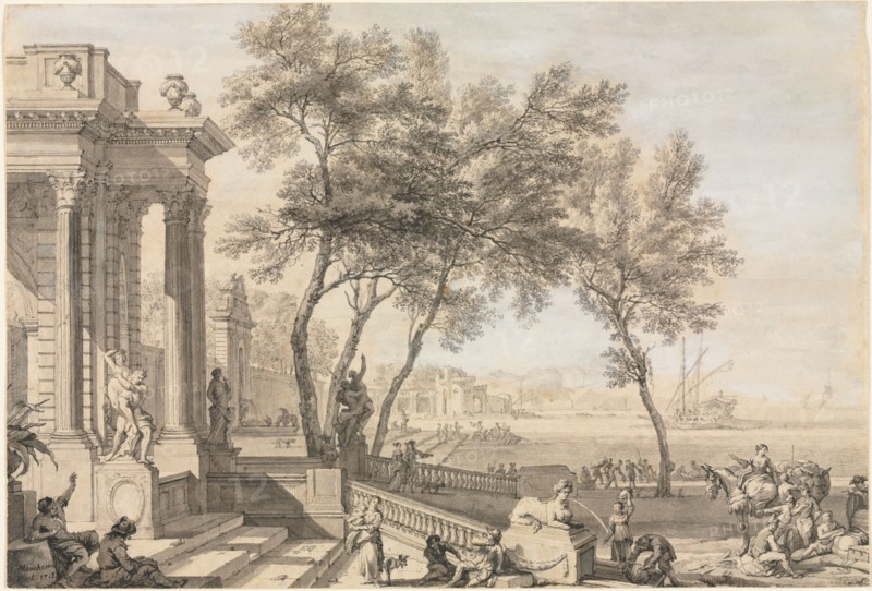 Fantastic Harbor Scene with Architecture and Figures, 1713. Isaac de Moucheron (Dutch, 1667-1744). Pen and black ink and brush and gray wash with traces of blue gouache, heightened with white gouache; sheet: 18.4 x 27.2 cm (7 1/4 x 10 11/16 in.).