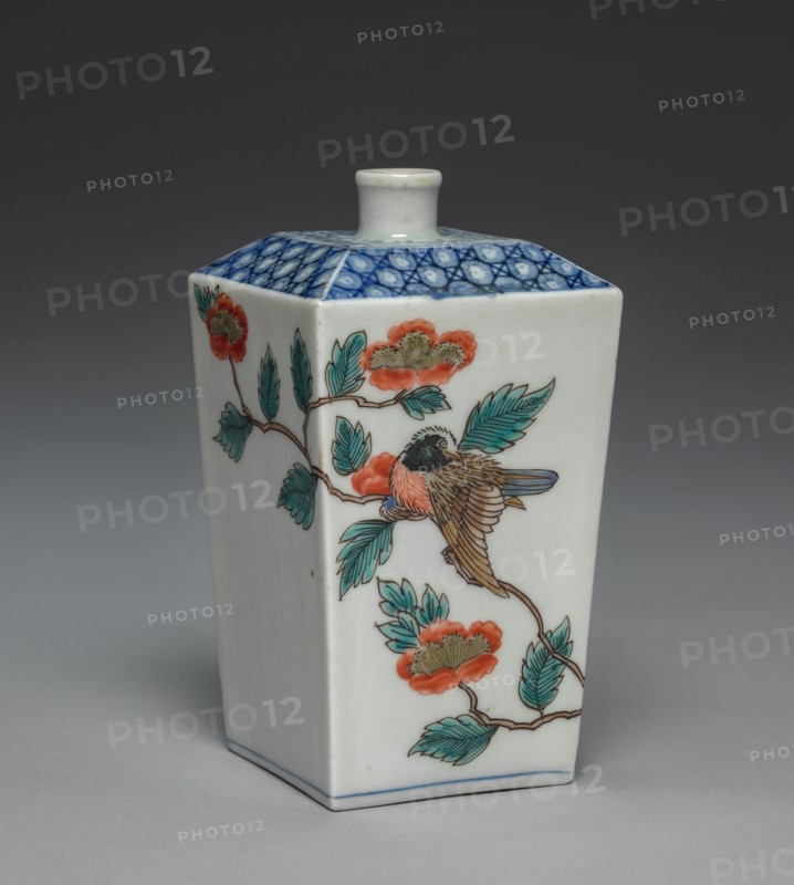 Square Tapered Bottle with Bird and Butterfly Design: Ko Imari Type, late 17th century. Japan, Edo Period (1615-1868). Porcelain with underglaze blue and overglaze enamel and gold decoration; overall: 12.9 x 6.6 cm (5 1/16 x 2 5/8 in.).