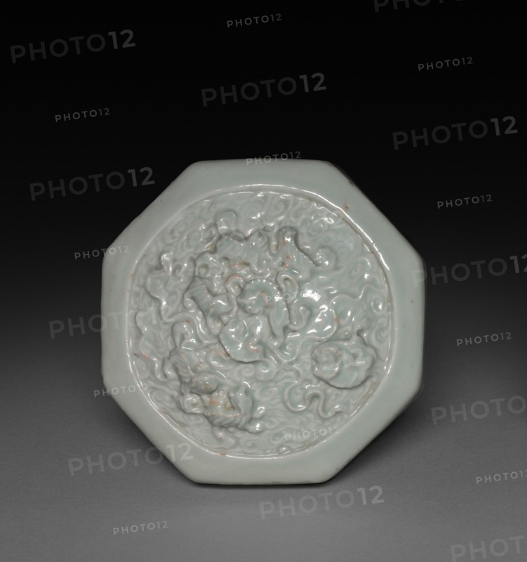 Hexagonal Covered Box with Lions in Relief: Qingbai Ware (lid), 1300-1325. China, Jiangxi province, Jingdezhen kilns, Yuan dynasty (1271-1368). Glazed porcelain with molded and applied decoration; overall: 6.1 x 9.8 cm (2 3/8 x 3 7/8 in.).