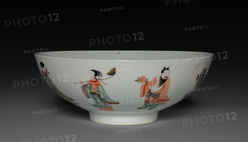 Bowl with Eight Immortals, 1662-1722. China, Jiangxi province, Jingdezhen kilns, Qing dynasty (1644-1912), Kangxi reign (1661-1722). Porcelain with famille verte overglaze enamel decoration; diameter: 22.4 cm (8 13/16 in.).