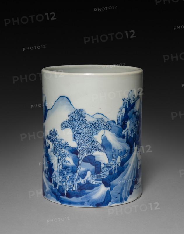 Brush Pot with Landscape, 1662-1722. China, Jiangxi province, Jingdezhen kilns, Qing dynasty (1644-1912), Kangxi reign (1661-1722). Porcelain with underglaze blue decoration; diameter: 12.3 cm (4 13/16 in.); overall: 15.2 cm (6 in.).