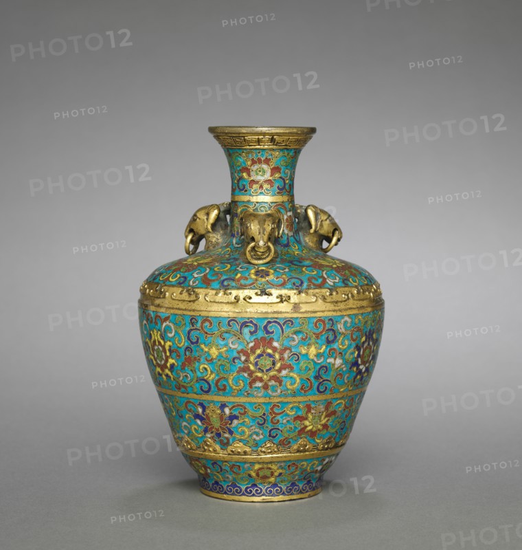Vase with Three Rams' Heads, 1736-1795. China, Jiangxi province, Jingdezhen, Qing dynasty (1644-1911), Qianlong mark and reign (1736-1795). Cloisonné enamel; diameter: 9.4 cm (3 11/16 in.); overall: 14 cm (5 1/2 in.).