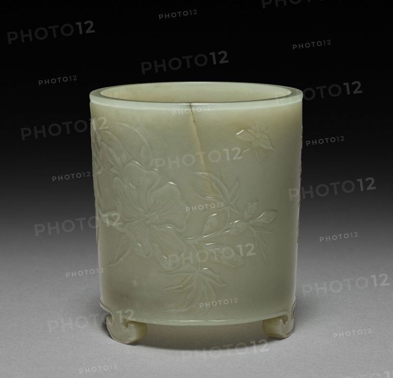 Cylindrical Container with Mallows and Inscription in Relief, 1736-1795. China, Qing dynasty (1644-1912), Qianlong reign (1736-1795). White jade; diameter: 5.3 cm (2 1/16 in.); overall: 6.1 cm (2 3/8 in.).
