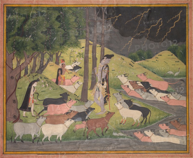 Krishna Summoning the Cows, c. 1780-1790. India, Pahari Hills, Bilaspur school, 18th century. Ink and color on paper; overall: 24.3 x 27 cm (9 9/16 x 10 5/8 in.); with borders: 25.1 x 30.5 cm (9 7/8 x 12 in.).