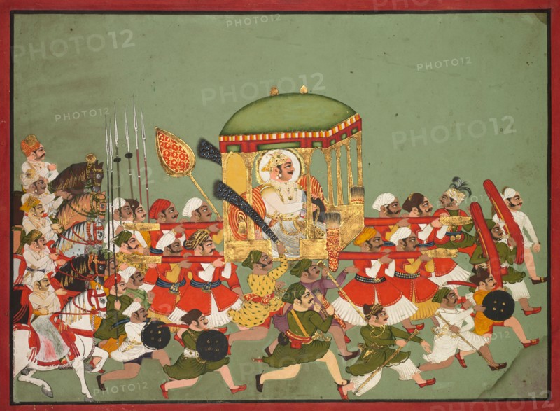 Maharao Chattar Sal (reigned 1758–64) of Kota in a Palanquin, c. 1760. Northwestern India, Rajasthan, Kota. Color and gold on paper; overall: 28.3 x 39.2 cm (11 1/8 x 15 7/16 in.); with borders: 31.6 x 42.7 cm (12 7/16 x 16 13/16 in.).