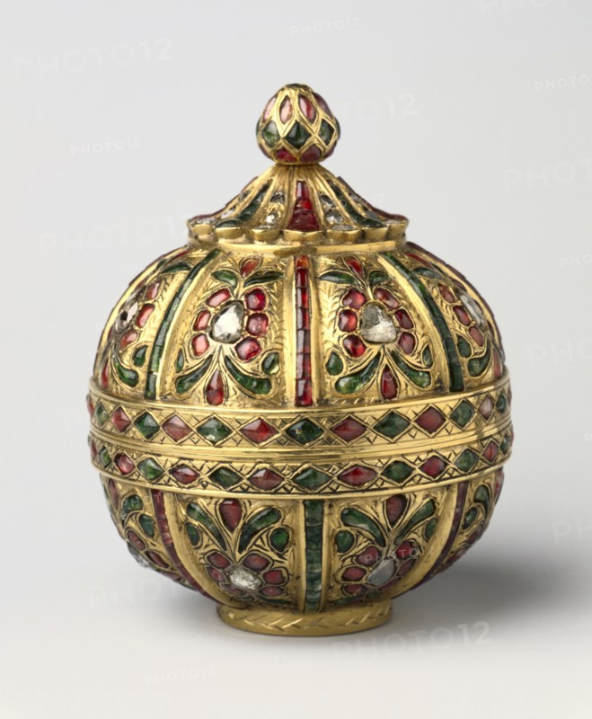 Globular-Shaped Box Decorated with Gems, 18th Century. India, Mughal dynasty (1526-1756). Gold paste and clear and colored rock crystal; overall: 7 x 5.7 cm (2 3/4 x 2 1/4 in.).