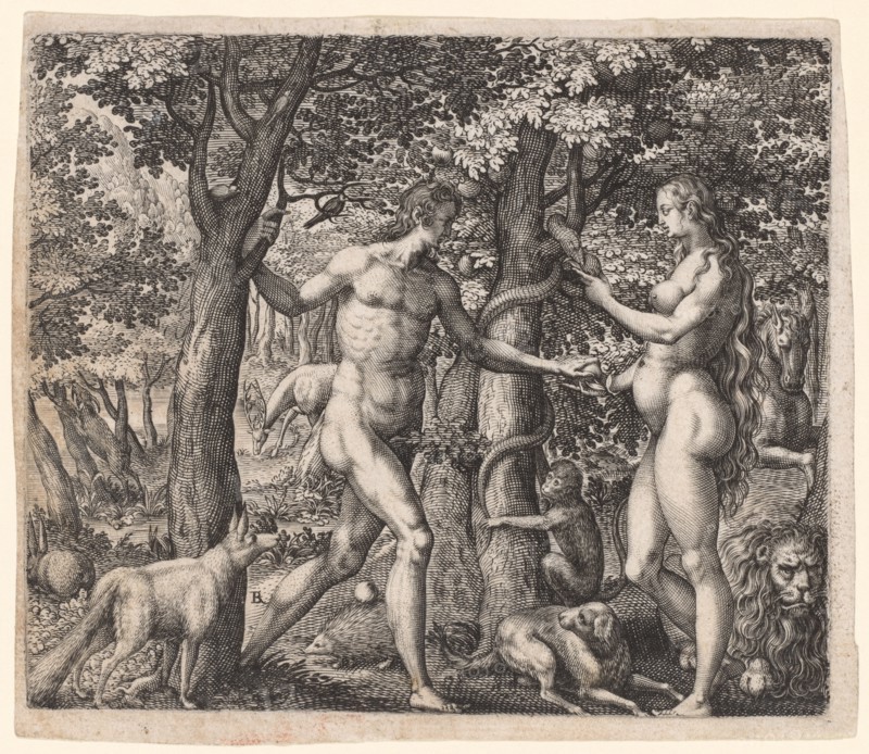 Adam and Eve, late 1500s. Robert Boissard (French, 1570-aft 1603). Engraving; sheet: 12 x 14 cm (4 3/4 x 5 1/2 in.); platemark: 11.3 x 13.4 cm (4 7/16 x 5 1/4 in.)