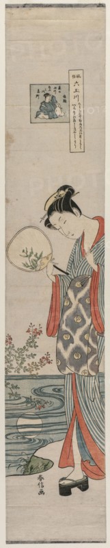 Woman (Bijin) Looking at the Moon's Reflection (From the series Mu Tamagawa), mid-1700s. Suzuki Harunobu (Japanese, 1724-1770). Pillar print; sheet: 70.1 x 13.3 cm (27 5/8 x 5 1/4 in.).
