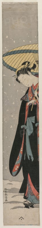 Woman (Bihin) with Parasol in Snow (From the series Mu Tamagawa). Suzuki Harunobu (Japanese, 1724-1770). Pillar woodblock print; sheet: 67.9 x 11.1 cm (26 3/4 x 4 3/8 in.).