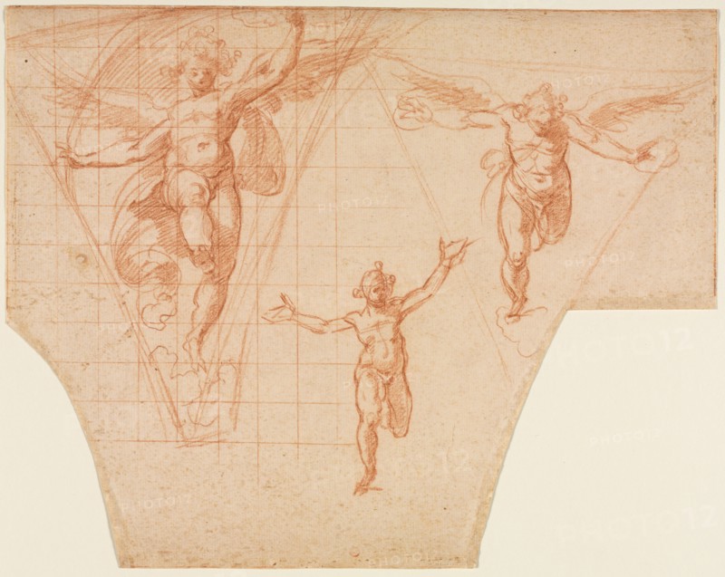 Three Studies of  Angels for a Pendentive (recto); Studies for Christ Meeting His Mother on the Road to Calvary, Studies of an Angel in a Pendentive (verso), 1599/1604. Cristofano Roncalli (Italian, 1552-1626). Red chalk; squared in red chalk (left half), framing lines in red chalk; sheet: 27.8 x 35.3 cm (10 15/16 x 13 7/8 in.).
