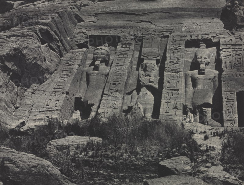 Égypte, Nubie, Palestine et Syrie. Dessins photographiques receuillis pendant les années 1849,1850 et 1851 accompagnes d'un text explicatif et précédés d'une introduction par Maxime Du Camp, pl. 10: Southern Portion of the Rock-cut Temple of Hathor, Abu Simbel, 1850. Maxime Du Camp (French, 1822-1894), Gide et J. Baudry. Salted paper print from calotype negative, Blanquart-Évrard process; image: 16.5 x 21.5 cm (6 1/2 x 8 7/16 in.); paper: 29.5 x 37.5 cm (11 5/8 x 14 3/4 in.); matted: 40.6 x 50.8 cm (16 x 20 in.)