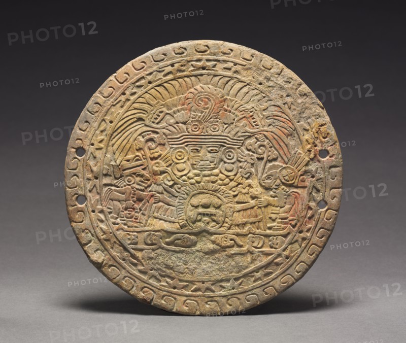 Mirror Back with Great Goddess, 400-550. Guatemala(?), Escuintla, Teotihuacán style, Classic Period. Slate, pigment; other side originally inlaid with polished pyrite mirror; overall: 20.1 x 0.2 cm (7 15/16 x 1/16 in.).