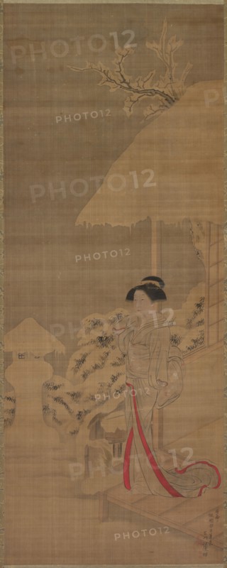 Beauty (Bijin) in the Snow, late 18th-early 19th century. Kokan Shiba (Japanese, 1747-1818). Hanging scroll; ink and color on silk; image: 103 x 40.4 cm (40 9/16 x 15 7/8 in.); overall: 193 x 60 cm (76 x 23 5/8 in.).