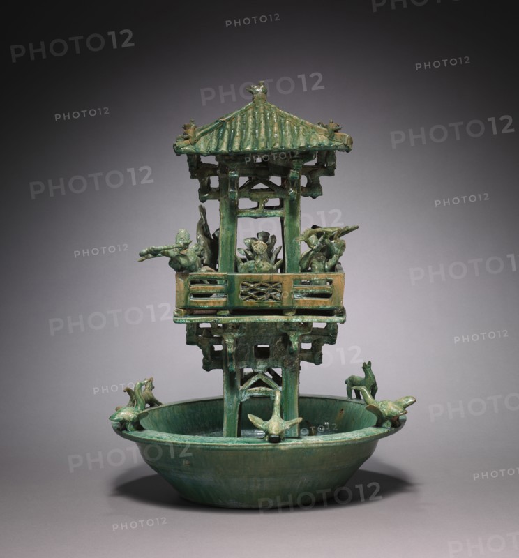 Watchtower, 25-220. China, Eastern Han dynasty (25-220). Earthenware with lead glaze; diameter: 39 cm (15 3/8 in.); overall: 54.3 cm (21 3/8 in.).