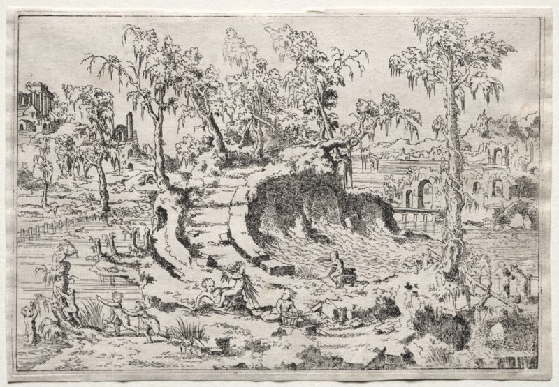 Landscapes: Landscape with Putti, c. 1550. Léon Davent (French). Etching; sheet: 17 x 24.8 cm (6 11/16 x 9 3/4 in.); platemark: 16.6 x 24.1 cm (6 9/16 x 9 1/2 in.)
