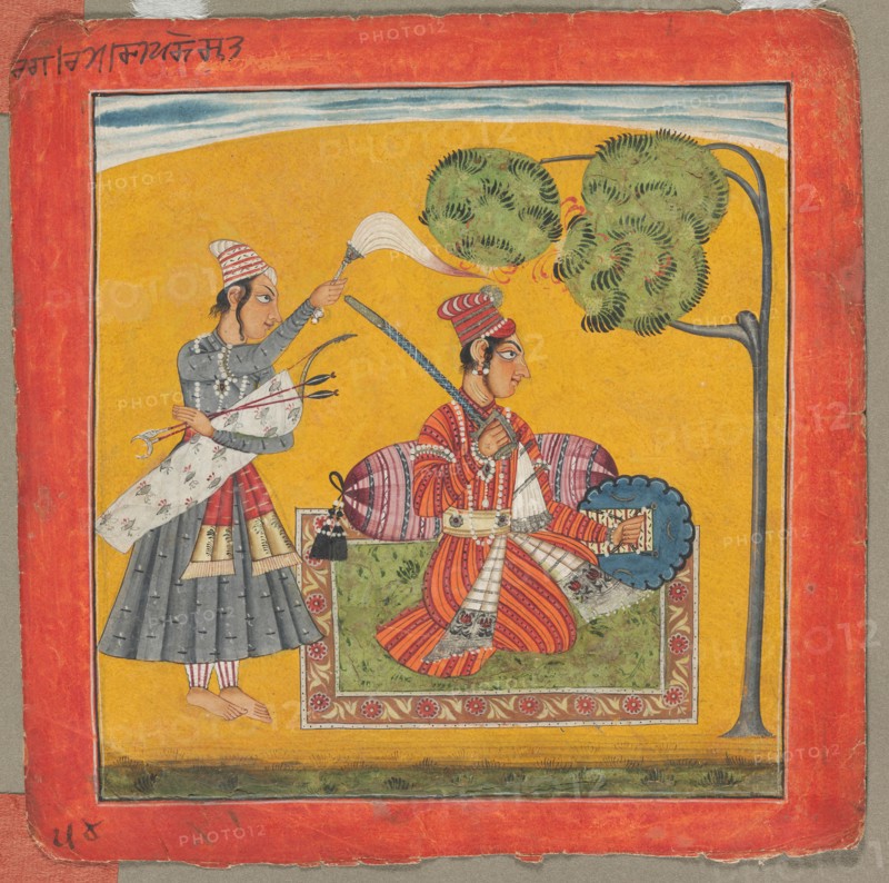 Dipak Raga, One of the Thirty-Six Melodies (Ragamala): Personifying Love, c. 1690. India, Pahari Hills, Basholi school, 17th century. Ink and color on paper; overall: 20.3 x 20.3 cm (8 x 8 in.).
