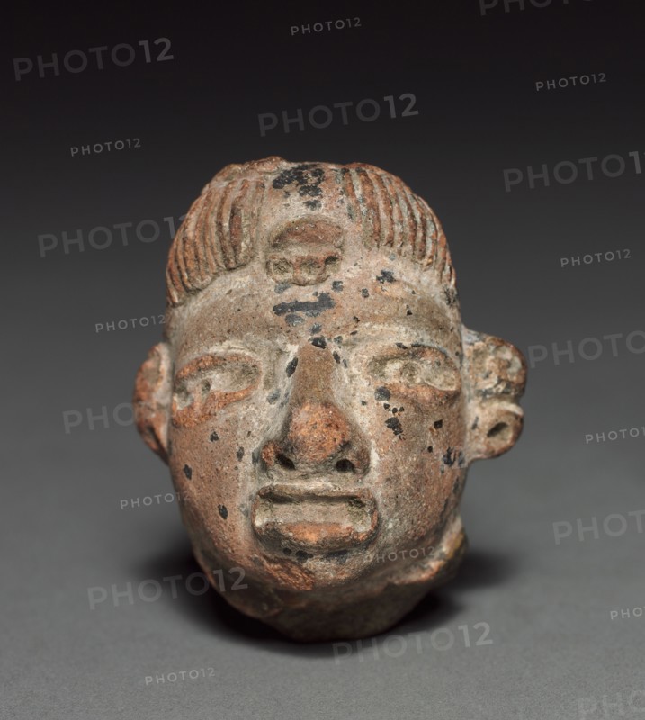Figurine Head, 100 BC - 300. Mexico or Central America, Maya(?). Pottery; overall: 5.4 x 4.3 x 3.7 cm (2 1/8 x 1 11/16 x 1 7/16 in.).