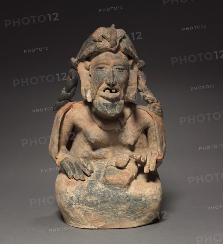 Elderly Figure, 600-900. Mexico, Campeche, Veracruz Monumental Sculpture Type. Molded and modeled pottery with gray, tan and black paint; overall: 34.3 x 21 x 21.4 cm (13 1/2 x 8 1/4 x 8 7/16 in.).