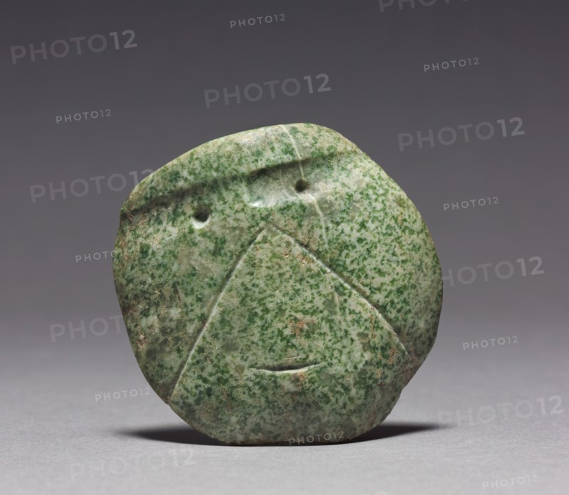 Head Pendant, 100 BC - 300. Mexico, Guerrero, Mezcala. Polished green stone; overall: 6.5 x 6.6 x 2.5 cm (2 9/16 x 2 5/8 x 1 in.).